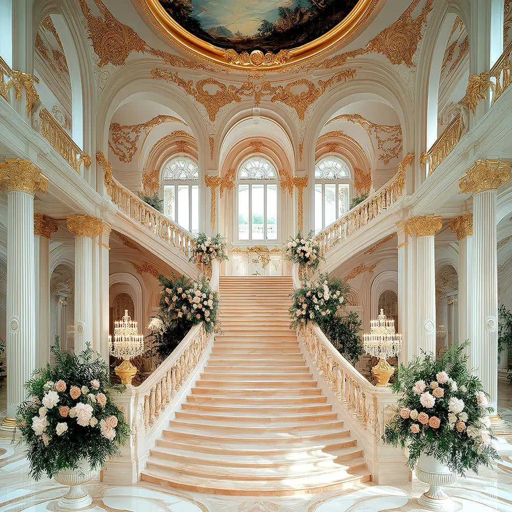 Baroque Palace Staircase Photo Backdrop, Palace Ball, Peach and Gold Decor, School Dance Decor