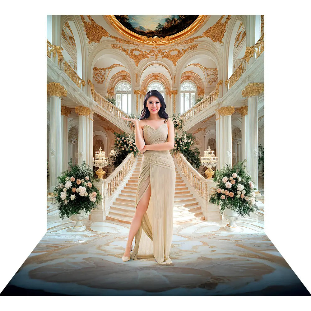 Baroque Palace Staircase Photo Backdrop, Palace Ball, Peach and Gold Decor, School Dance Decor