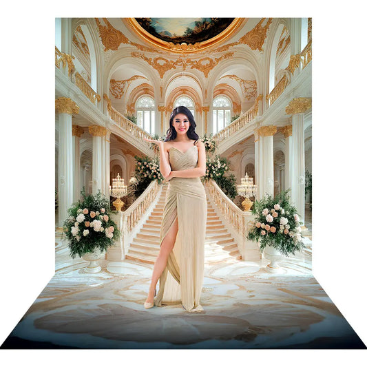 Baroque Palace Staircase Photo Backdrop, Palace Ball, Peach and Gold Decor, School Dance Decor