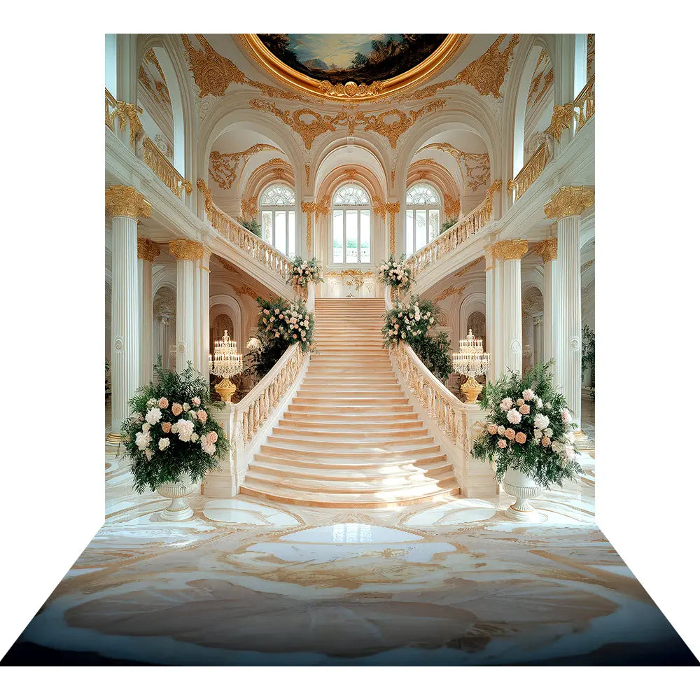 Baroque Palace Staircase Photo Backdrop, Palace Ball, Peach and Gold Decor, School Dance Decor