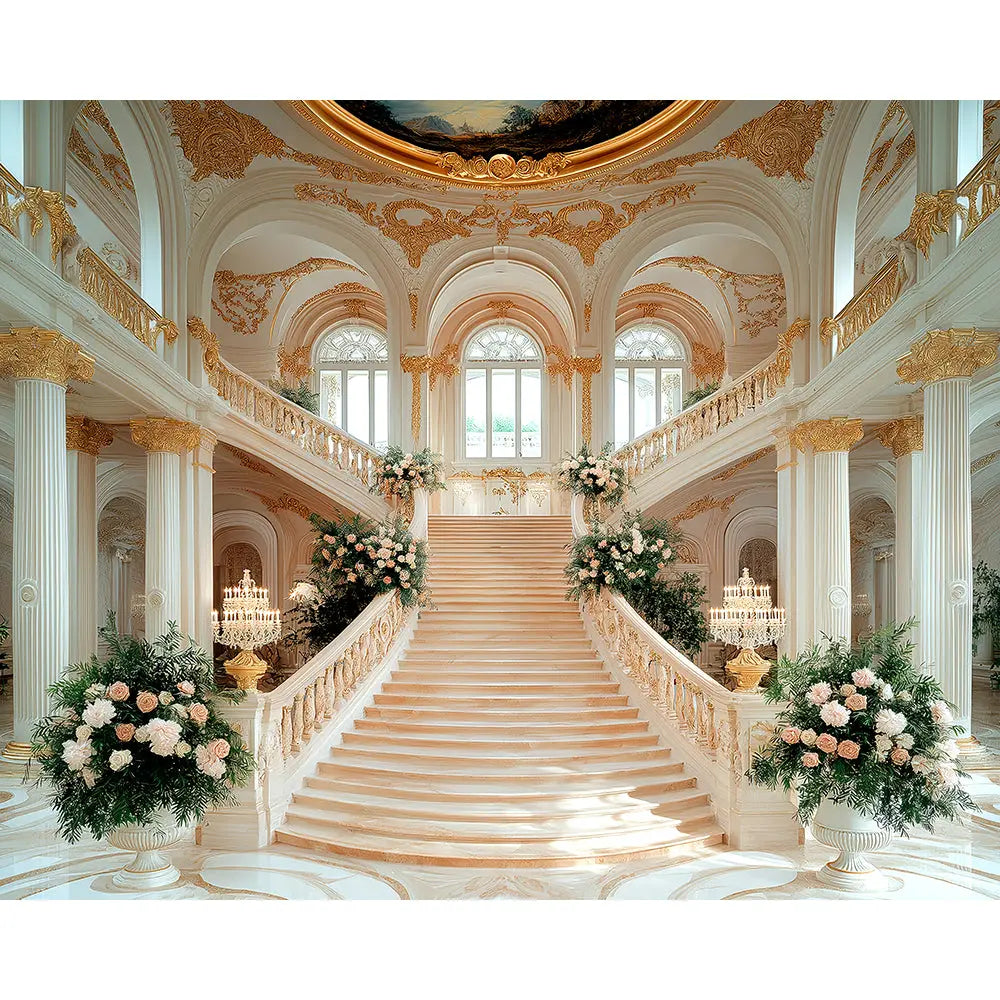 Baroque Palace Staircase Photo Backdrop, Palace Ball, Peach and Gold Decor, School Dance Decor