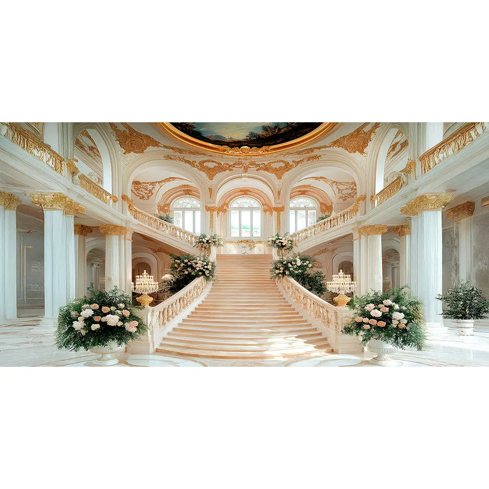 Baroque Palace Staircase Photo Backdrop, Palace Ball, Peach and Gold Decor, School Dance Decor