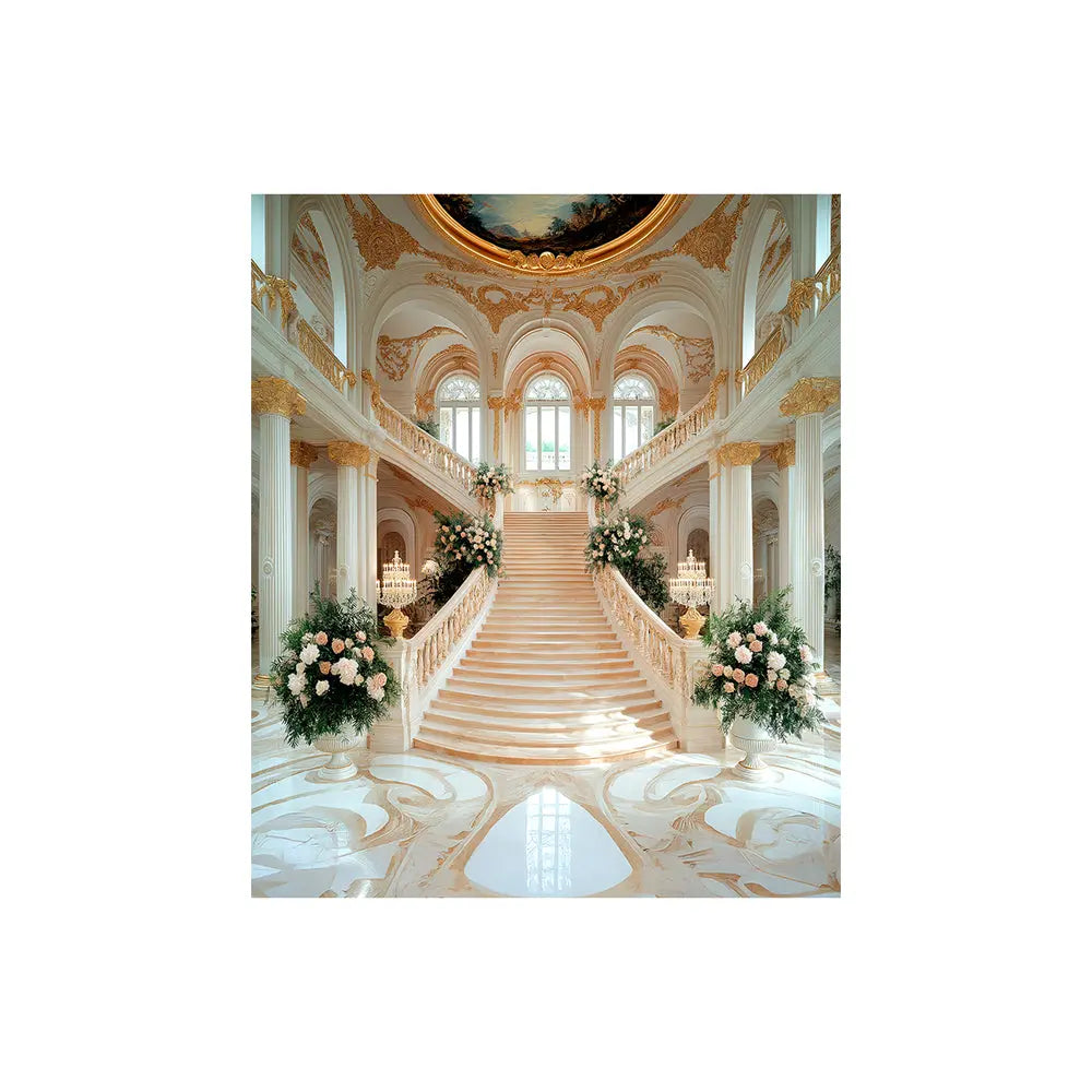Baroque Palace Staircase Photo Backdrop, Palace Ball, Peach and Gold Decor, School Dance Decor