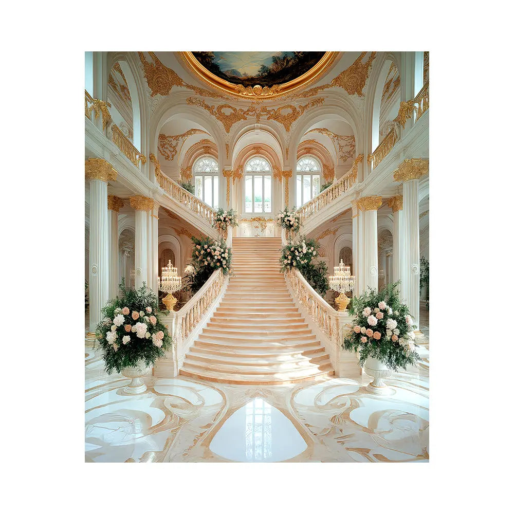 Baroque Palace Staircase Photo Backdrop, Palace Ball, Peach and Gold Decor, School Dance Decor