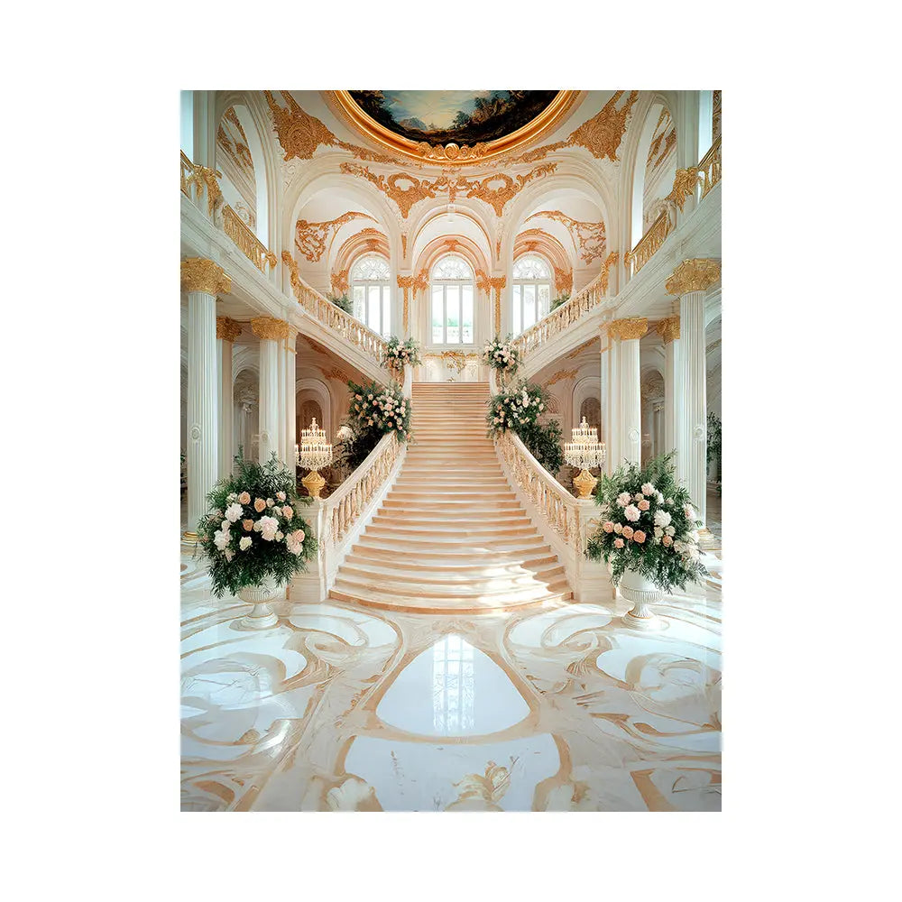 Baroque Palace Staircase Photo Backdrop, Palace Ball, Peach and Gold Decor, School Dance Decor