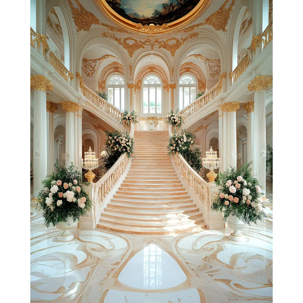Baroque Palace Staircase Photo Backdrop, Palace Ball, Peach and Gold Decor, School Dance Decor