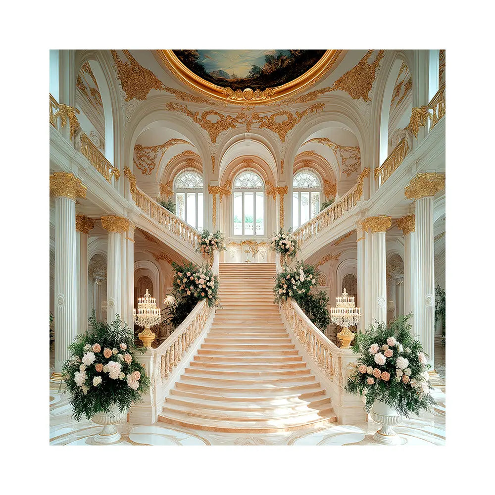 Baroque Palace Staircase Photo Backdrop, Palace Ball, Peach and Gold Decor, School Dance Decor