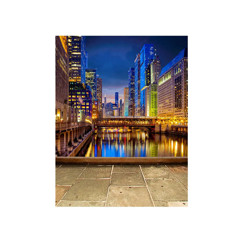 Colorful Chicago City Lights Canal Photo Backdrop