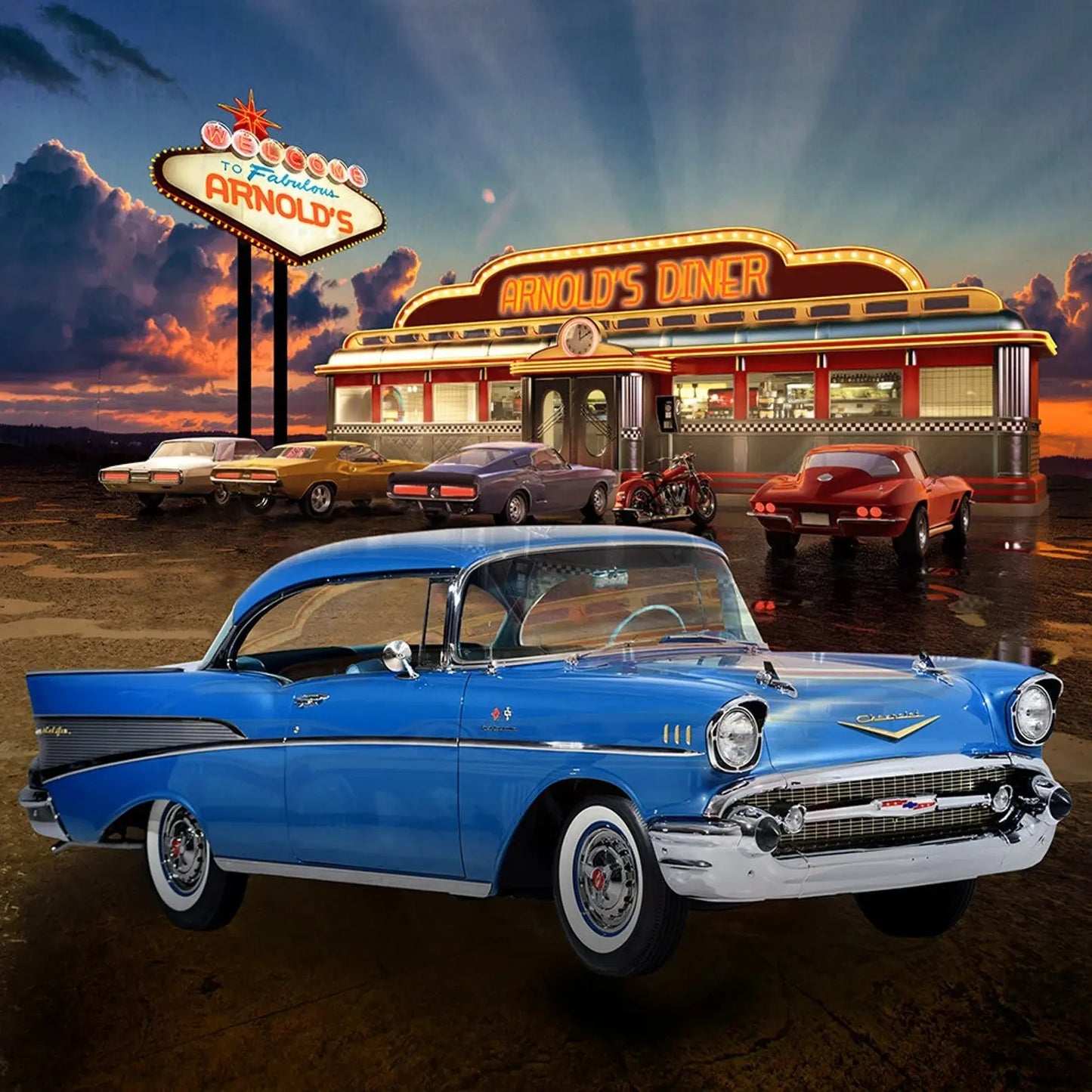 Blue 57 Chevy Diner Photo Backdrop - Basic 10  x 8
