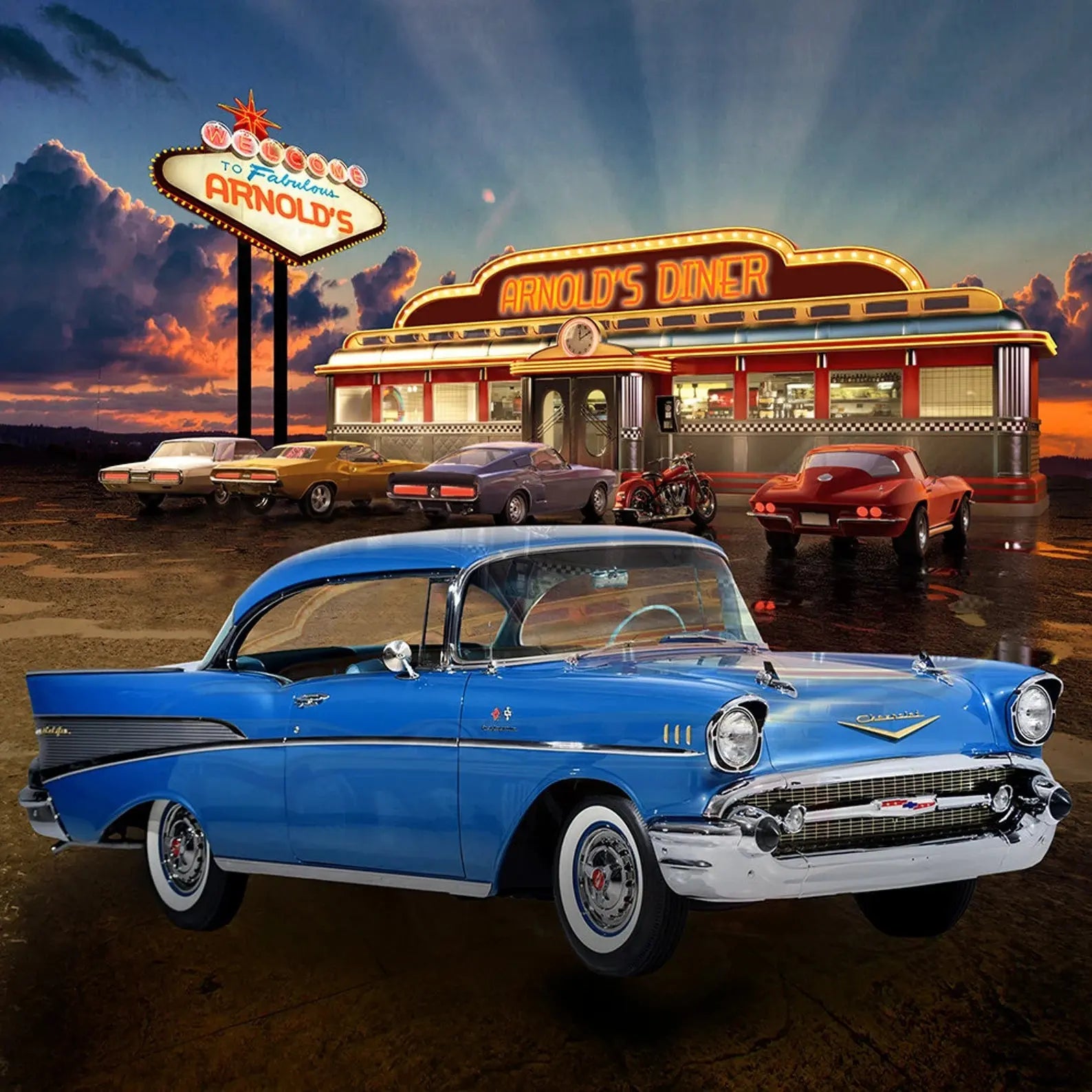 Blue 57 Chevy Diner Photo Backdrop - Basic 10  x 8