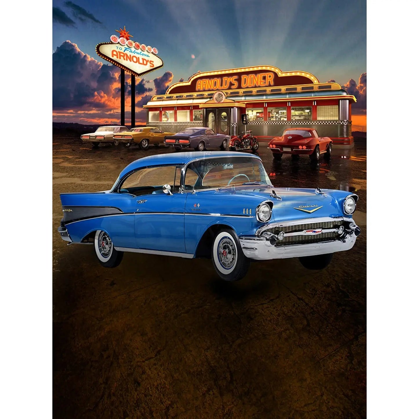 Blue 57 Chevy Diner Photo Backdrop - Basic 8  x 10