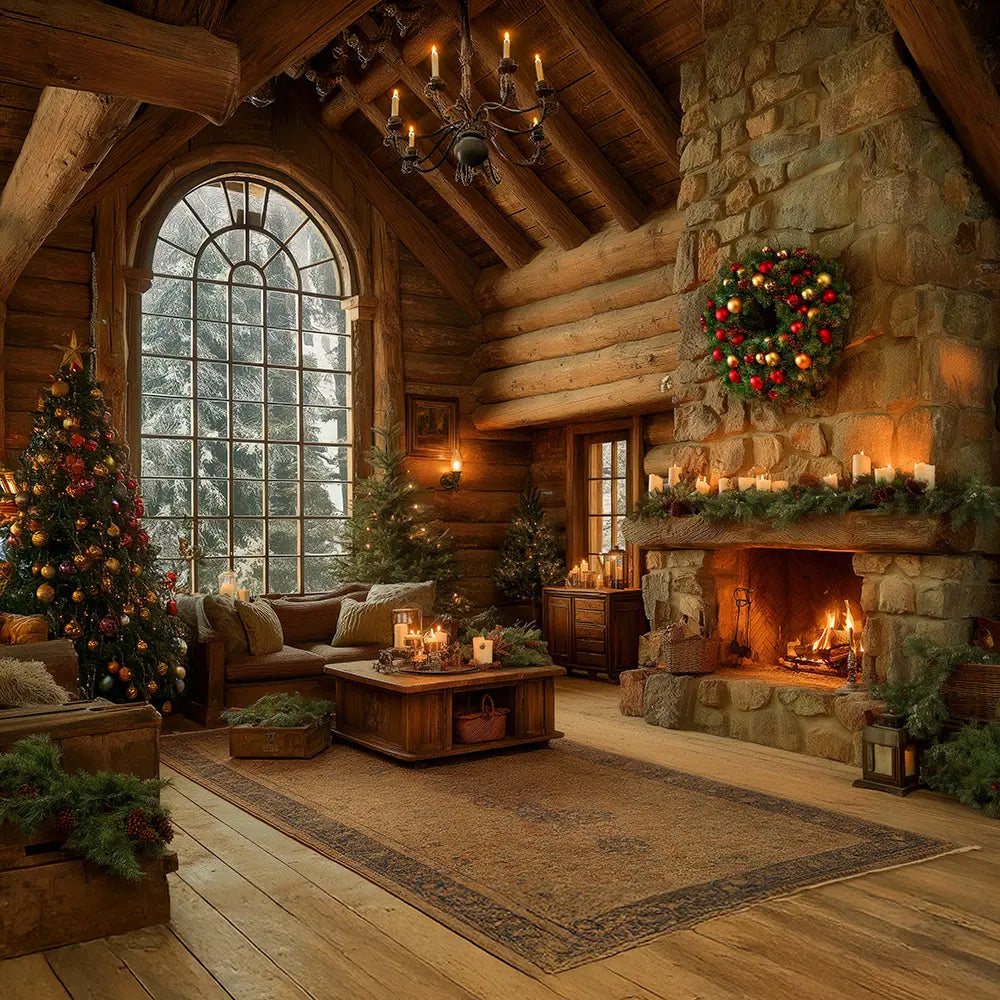 Christmas Cabin Backdrop, Fire in the Hearth Interior Backdrop with Wreath and Candles, Fabric Photo Background Alba Backgrounds