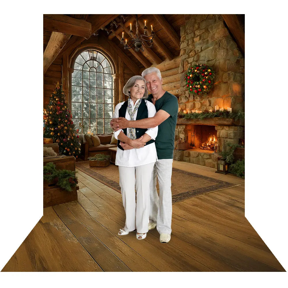 Christmas Cabin Backdrop, Fire in the Hearth Interior Backdrop with Wreath and Candles, Fabric Photo Background Alba Backgrounds