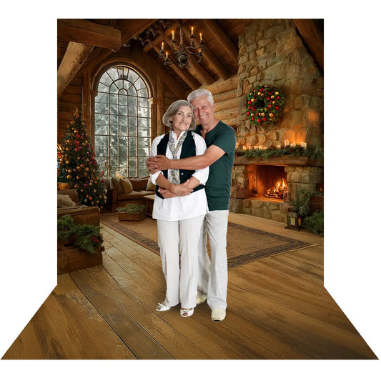 Christmas Cabin Backdrop, Fire in the Hearth Interior Backdrop with Wreath and Candles, Fabric Photo Background Alba Backgrounds