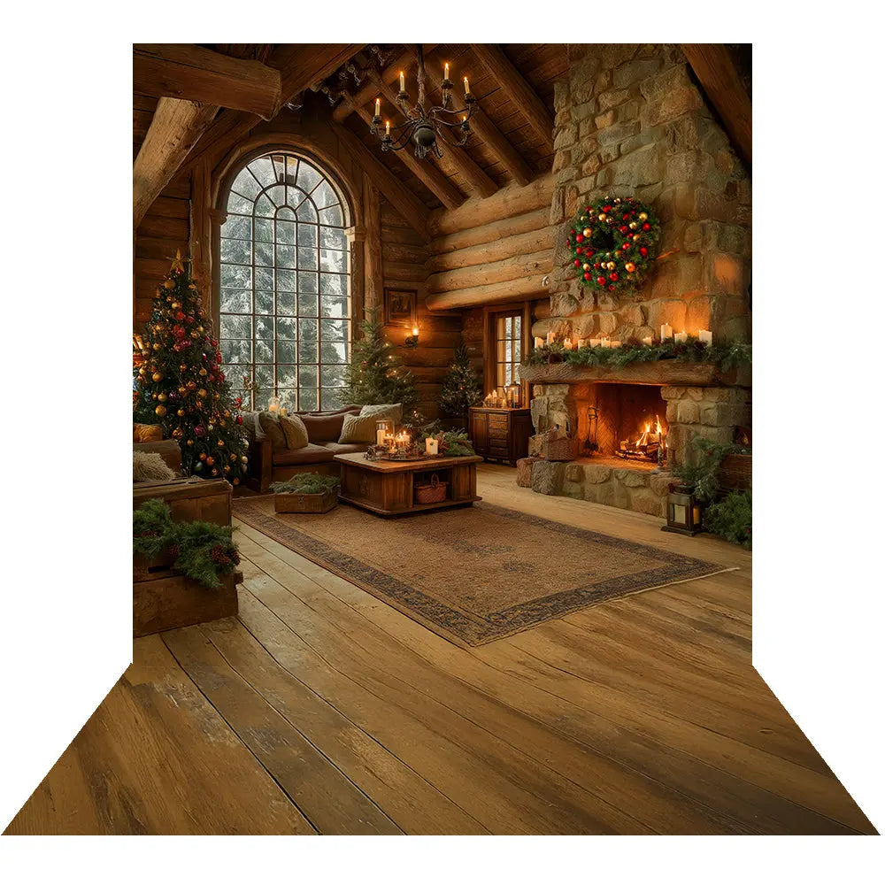 Christmas Cabin Backdrop, Fire in the Hearth Interior Backdrop with Wreath and Candles, Fabric Photo Background Alba Backgrounds