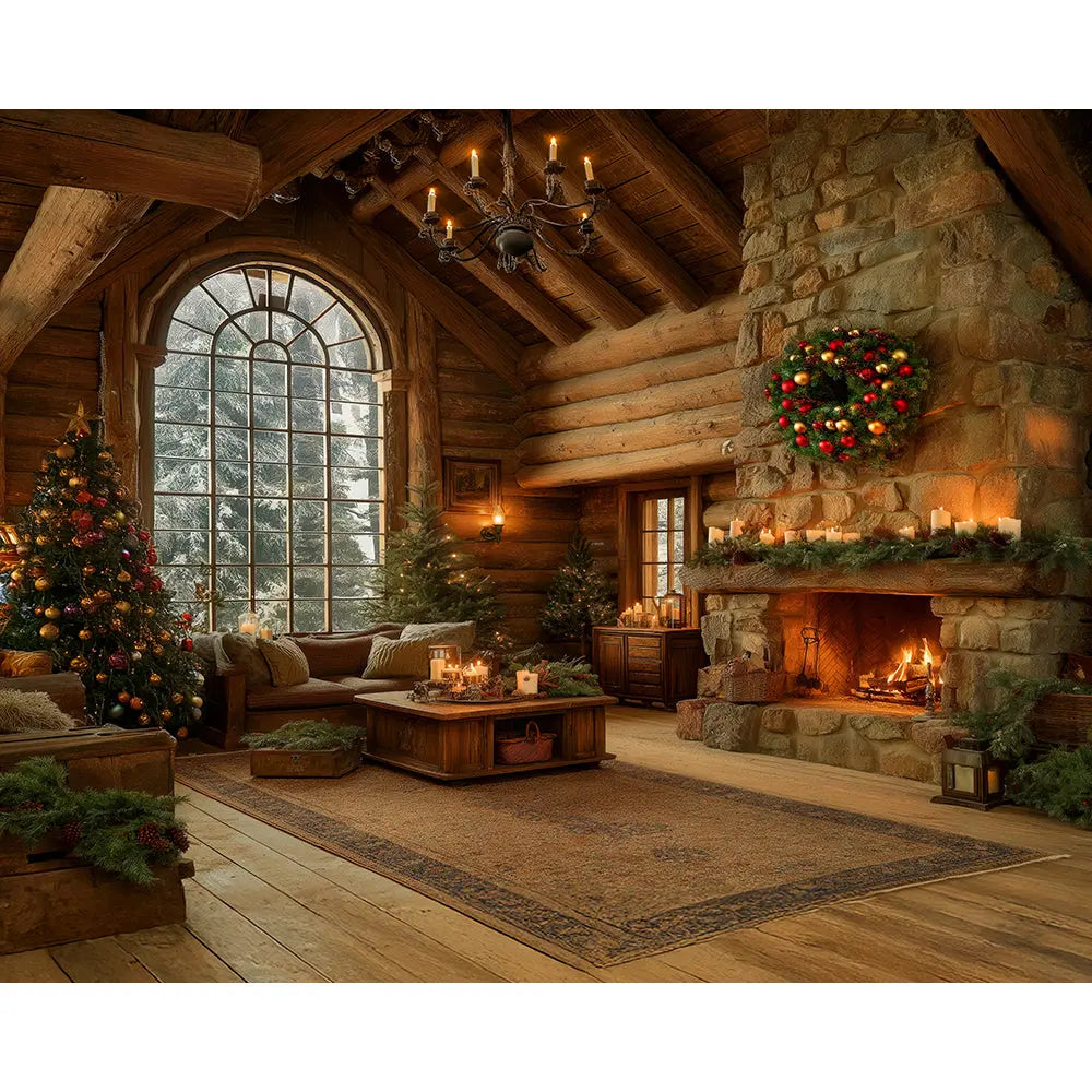 Christmas Cabin Backdrop, Fire in the Hearth Interior Backdrop with Wreath and Candles, Fabric Photo Background Alba Backgrounds