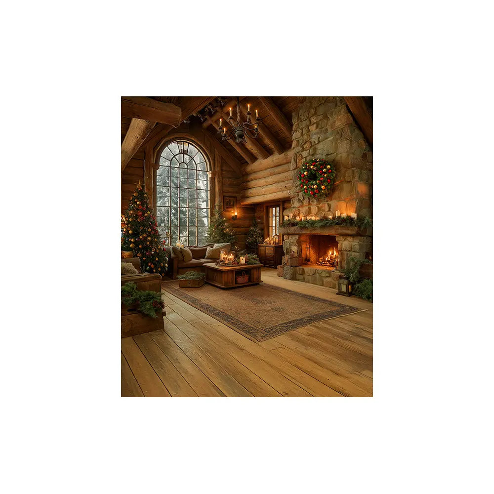 Christmas Cabin Backdrop, Fire in the Hearth Interior Backdrop with Wreath and Candles, Fabric Photo Background Alba Backgrounds