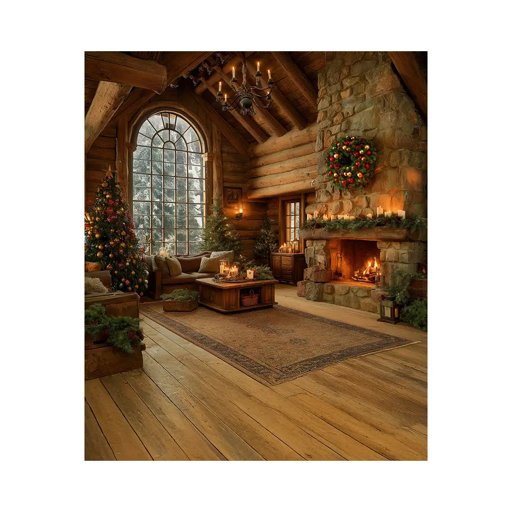Christmas Cabin Backdrop, Fire in the Hearth Interior Backdrop with Wreath and Candles, Fabric Photo Background Alba Backgrounds