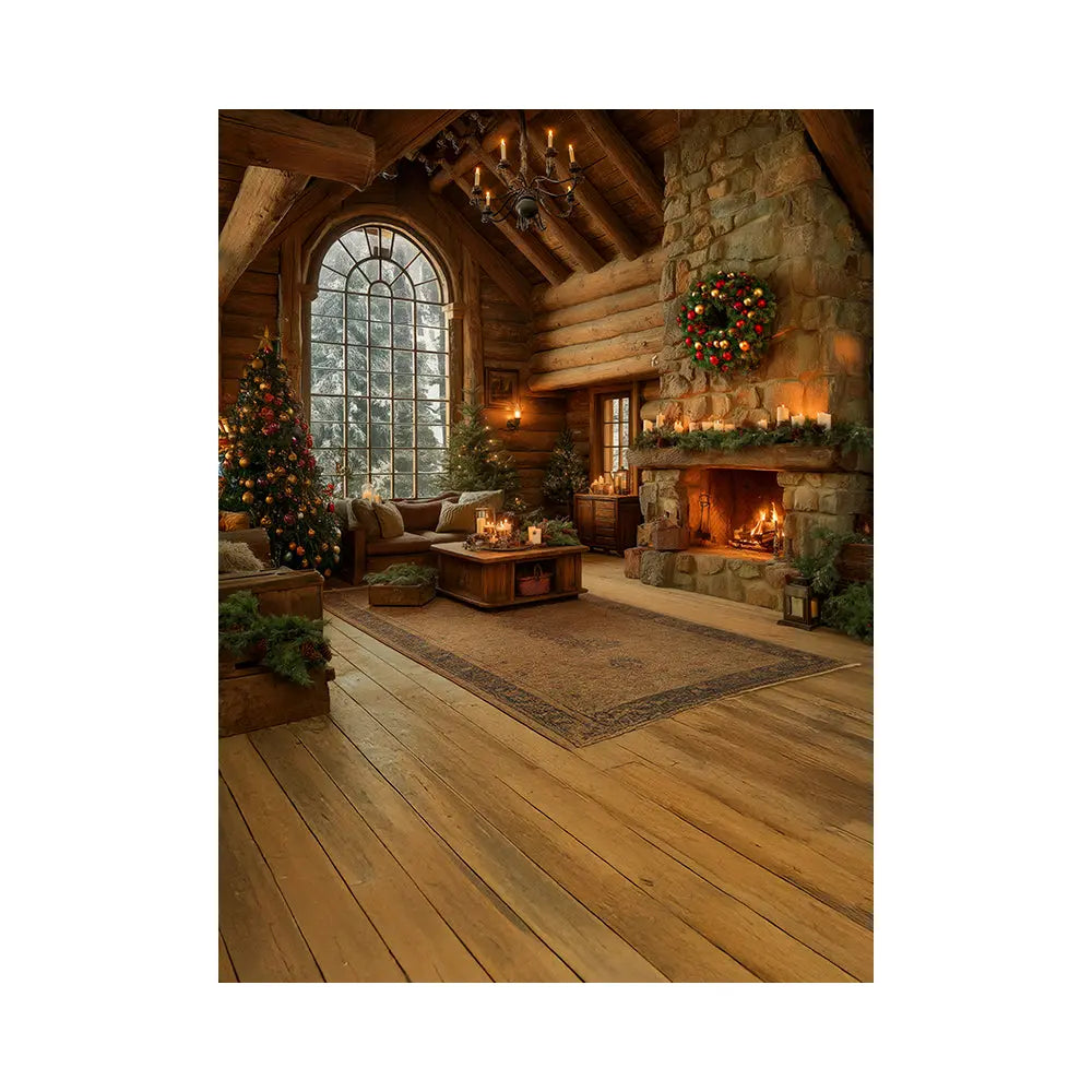 Christmas Cabin Backdrop, Fire in the Hearth Interior Backdrop with Wreath and Candles, Fabric Photo Background Alba Backgrounds