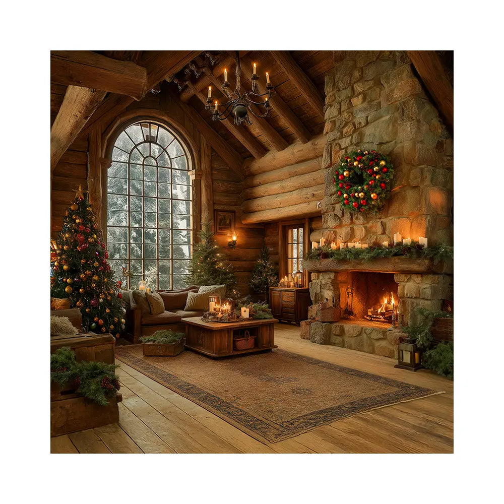 Christmas Cabin Backdrop, Fire in the Hearth Interior Backdrop with Wreath and Candles, Fabric Photo Background Alba Backgrounds
