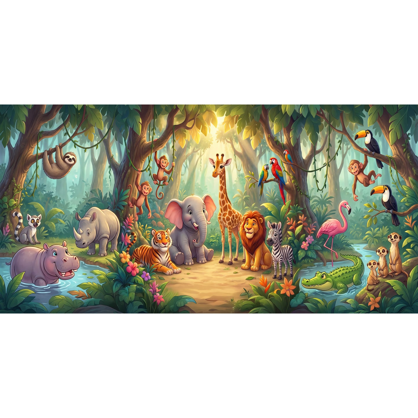 Jungle Safari Animals, Wide Fabric Backdrop