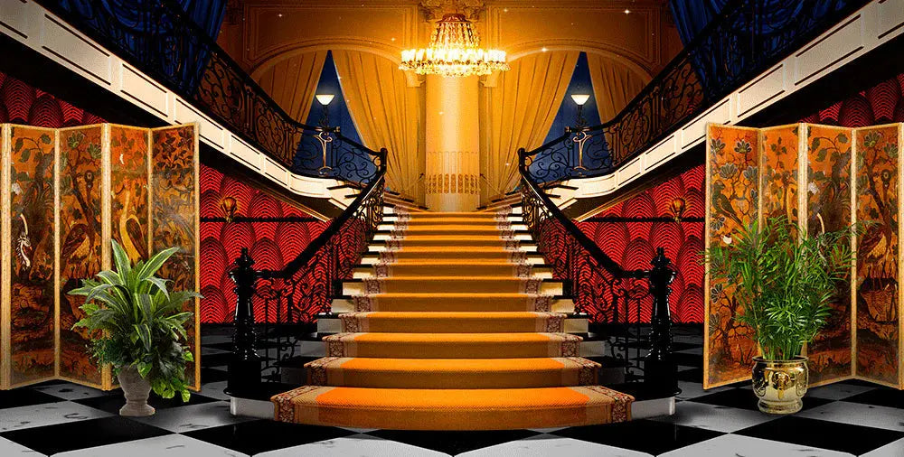 Fancy Orange Carpet Stairs With Checkered Floors Photo Backdrop