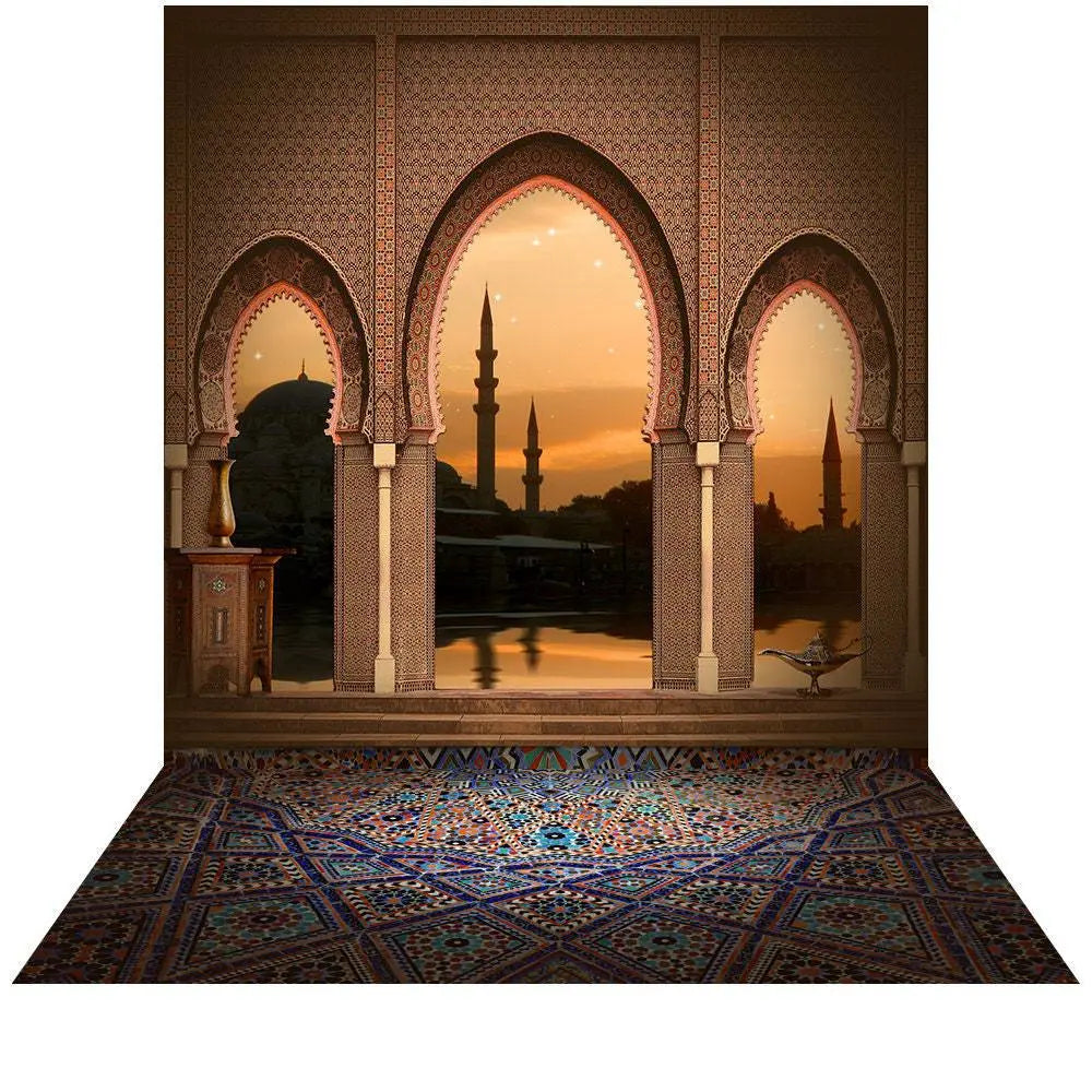 Arabian Nights Arches Balcony Photo Backdrop, rich hues of the sunset Alba Backgrounds Arabian Nights Arches Balcony Photo Backdrop, rich hues of the sunset Alba Backgrounds
