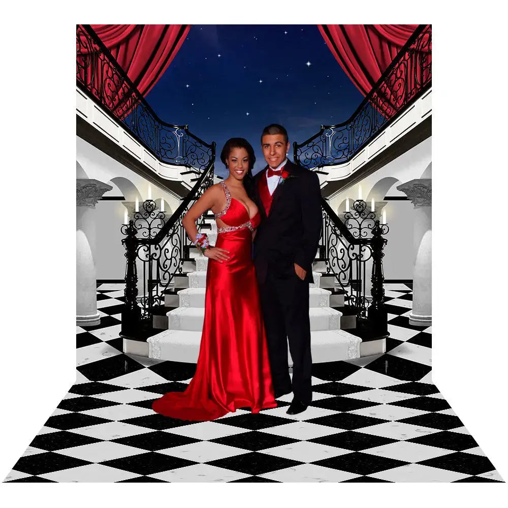 Black Tie Photo Backdrop, a black and white floor, stair with drapes. Alba Backgrounds Black Tie Photo Backdrop, a black and white floor, stair with drapes. Alba Backgrounds