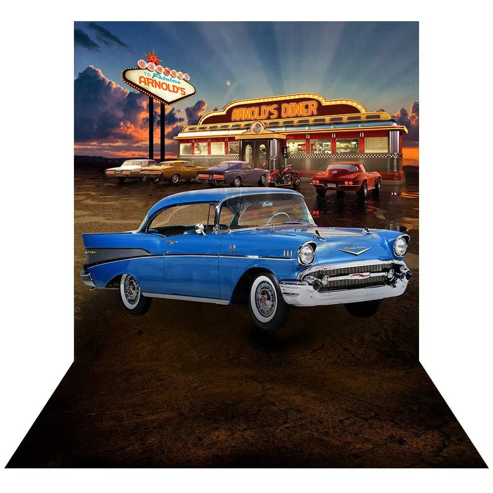 Blue 57 Chevy Diner Photo Backdrop - Basic 8  x 16