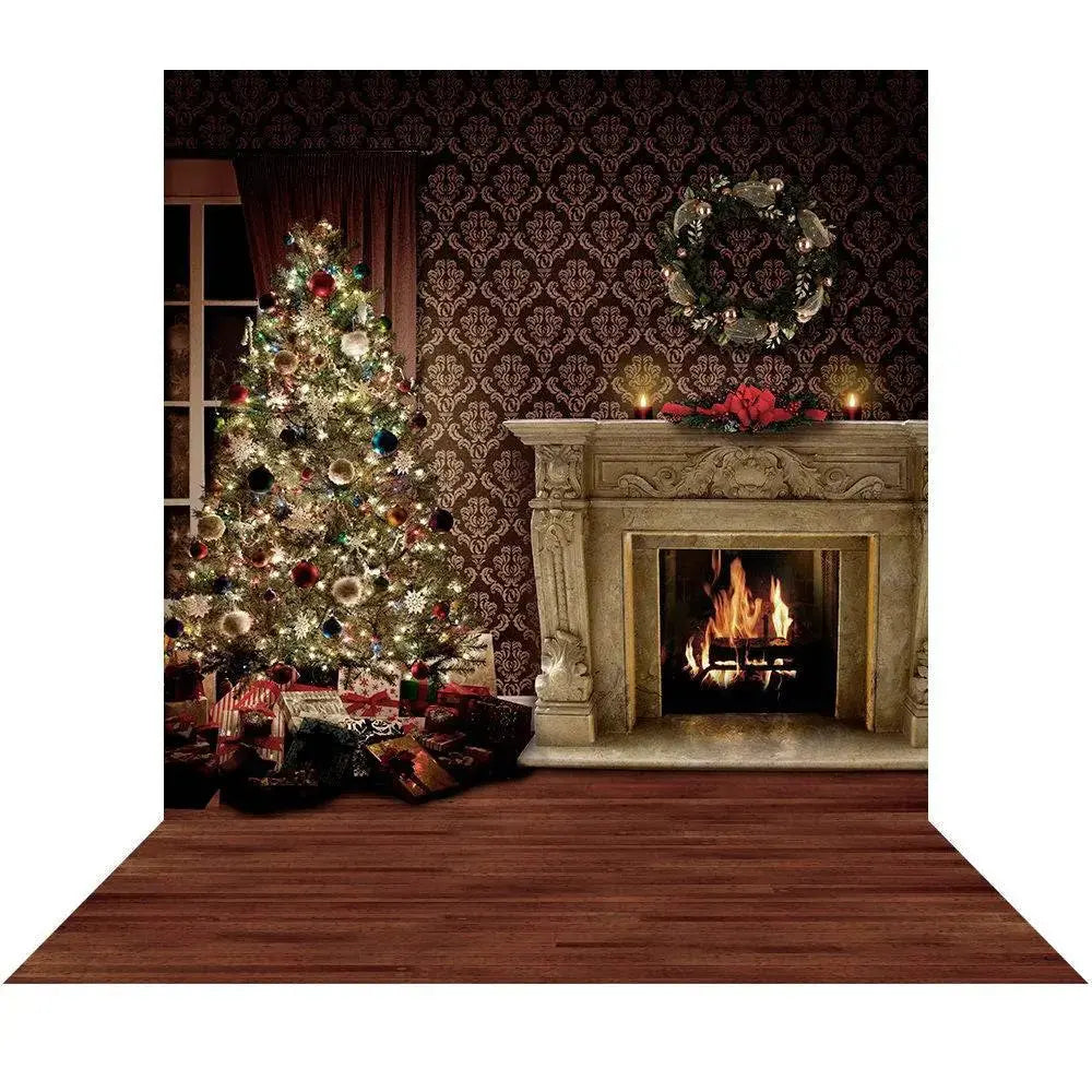 Christmas Tree Holiday Backdrop, Home for the Holidays, Hearth & Christmas Tree Photo Backdrop - Pro 9 x 16