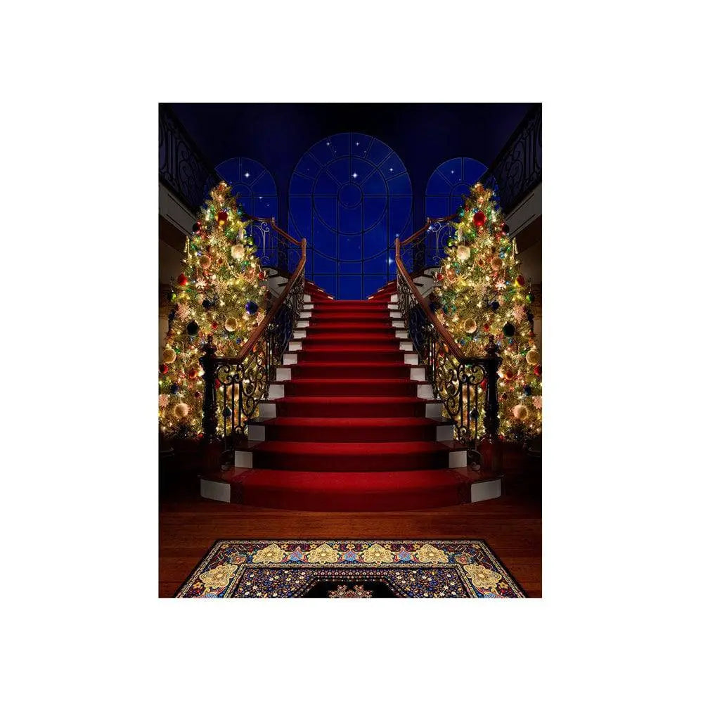 Red Carpet Staircase Christmas Tree Photography Backdrop - Basic 4.4 x 5