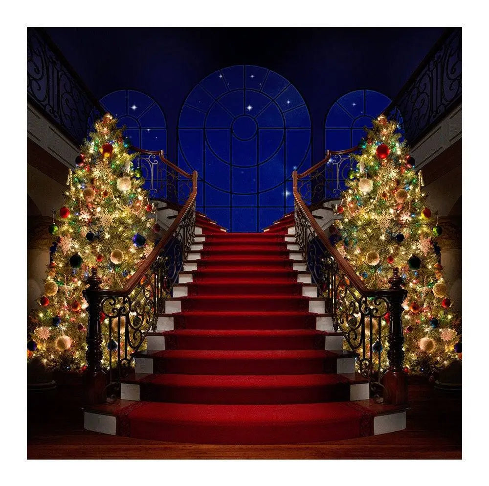 Red Carpet Staircase Christmas Tree Photography Backdrop - Basic 8 x 8