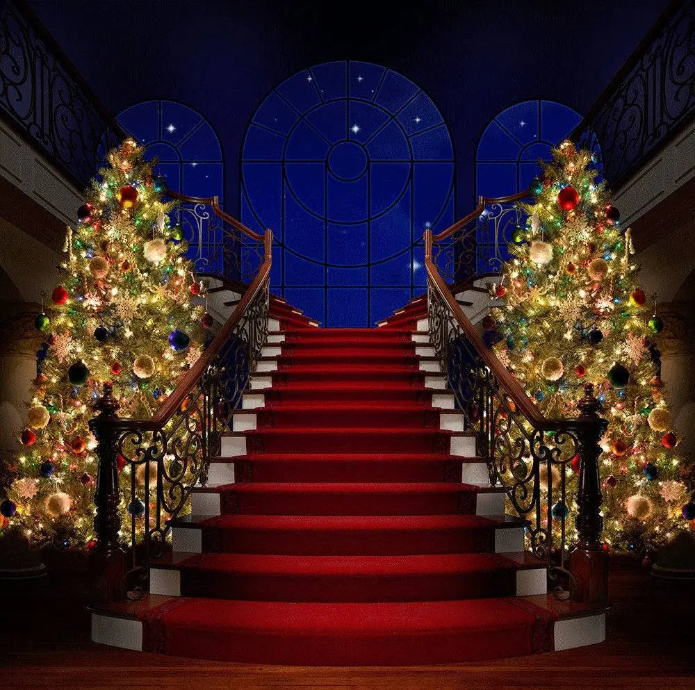 Red Carpet Stair Case Christmas Tree Photography Backdrop - Pro 10 x 10