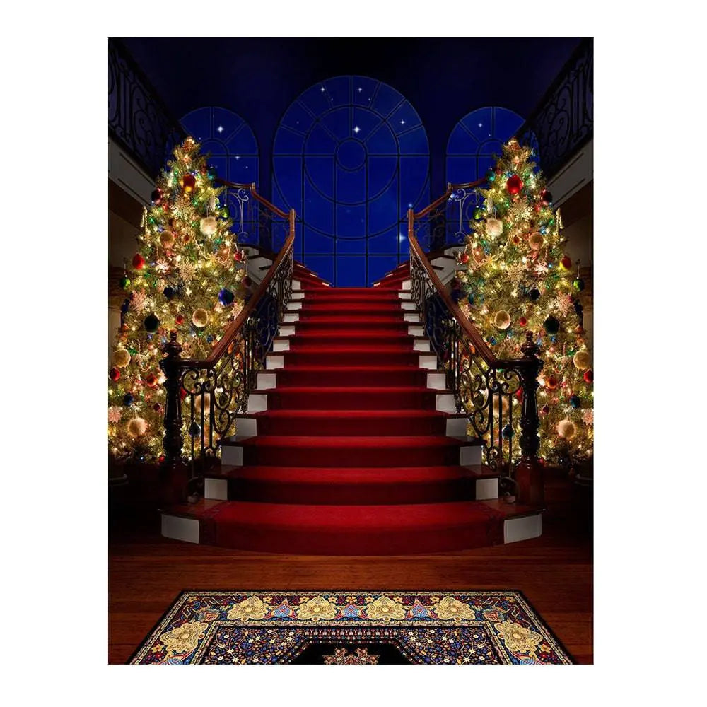 Red Carpet Stair Case Christmas Tree Photography Backdrop - Pro 6 x 8