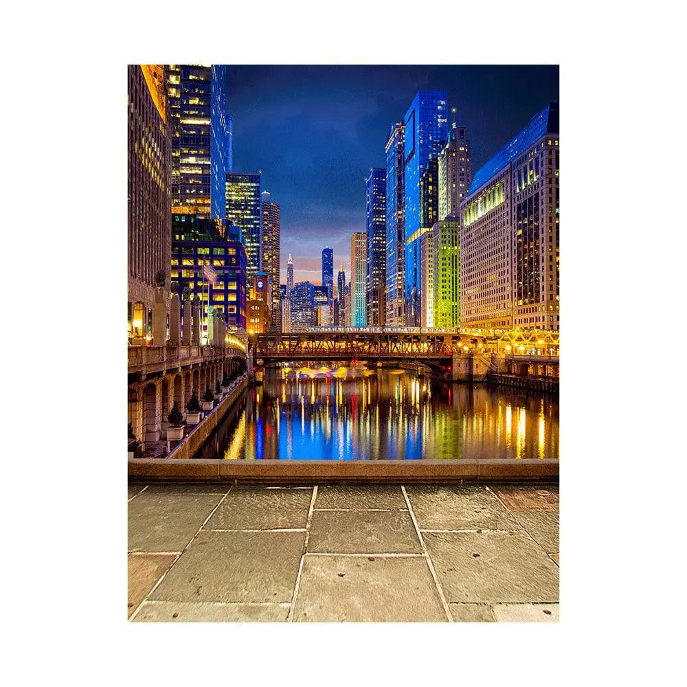 Colorful Chicago City Lights Canal Photo Backdrop