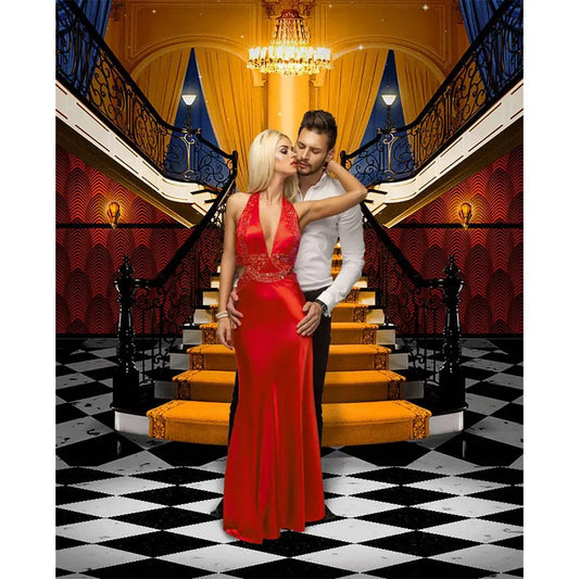 Fancy Orange Carpet Stairs Checkered Floors Backdrop