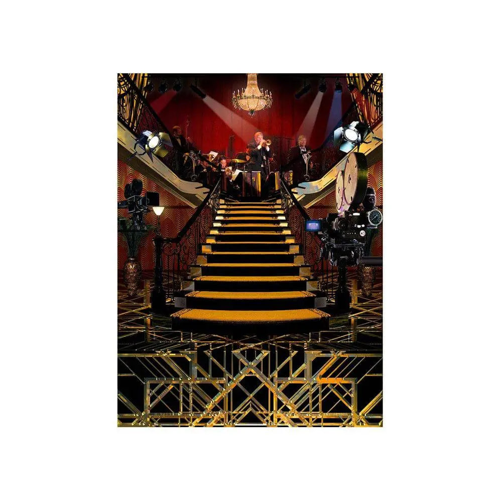 1920s Double Stair Big Band Photo Backdrop - Basic 4.4 x 5