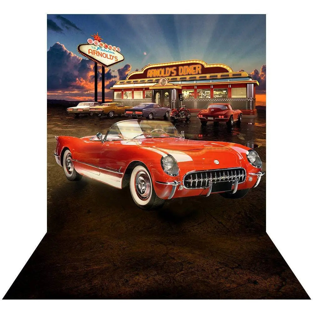 Grease 50s Diner with Corvette Photo Backdrop - Pro 9 x 16