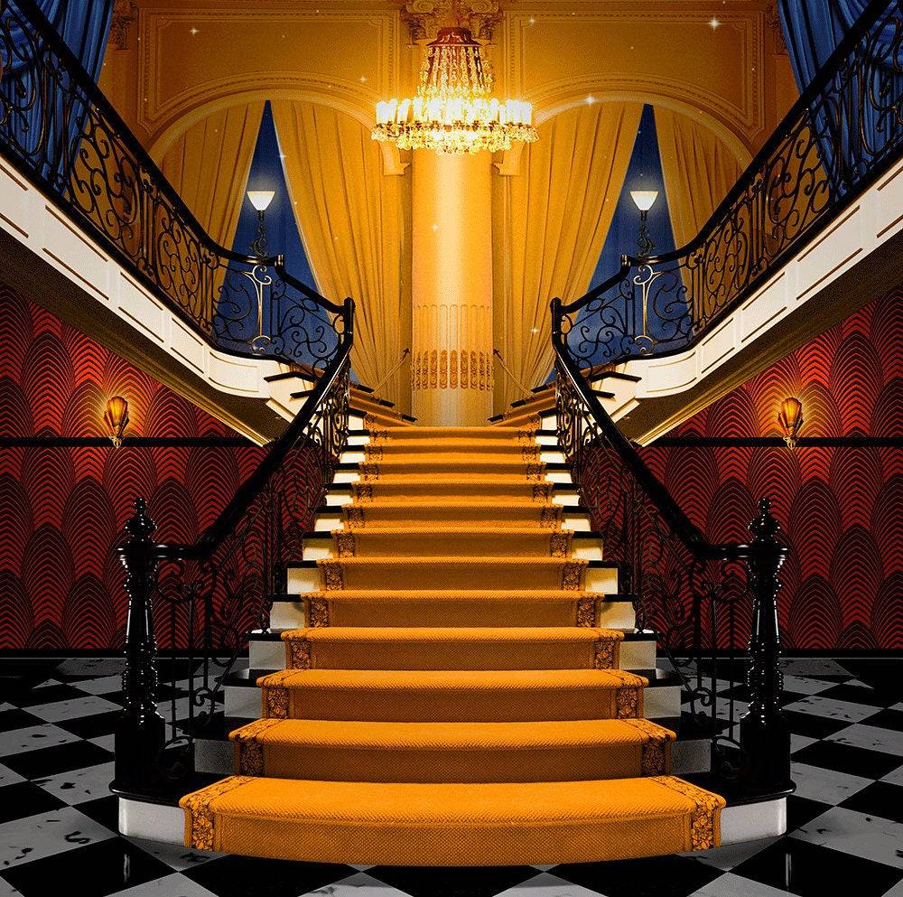 Fancy Orange Carpet Stairs With Checkered Floors Photo Backdrop - Basic 10 x 8
