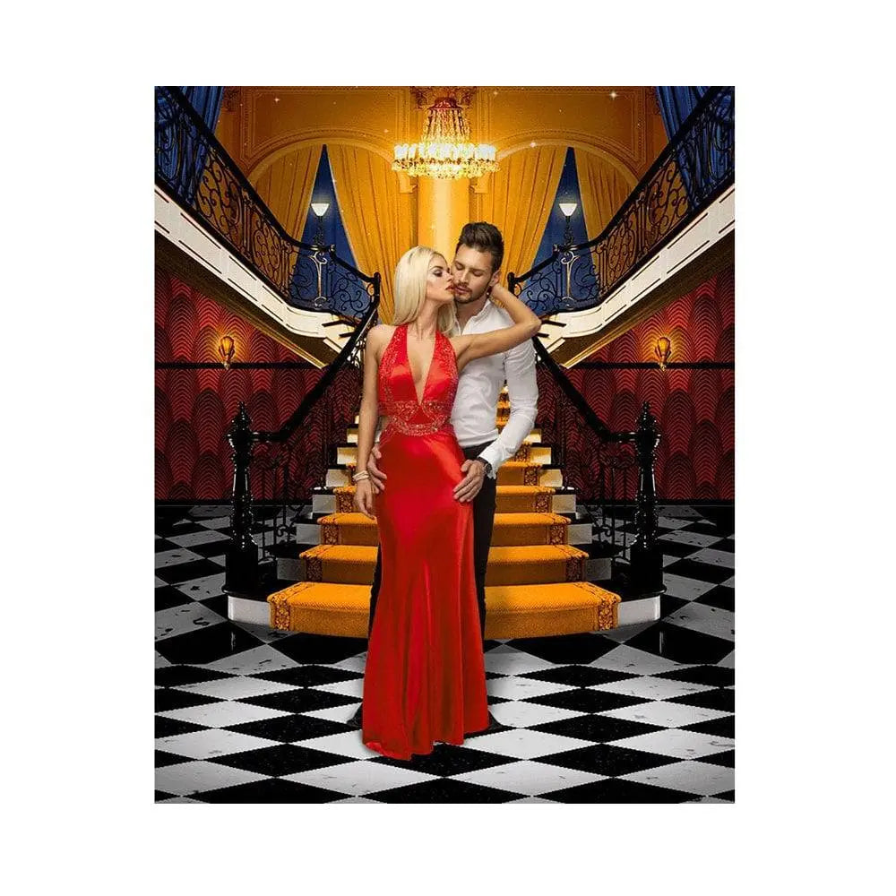 Fancy Orange Carpet Stairs With Checkered Floors Photo Backdrop - Basic 5.5 x 6.5