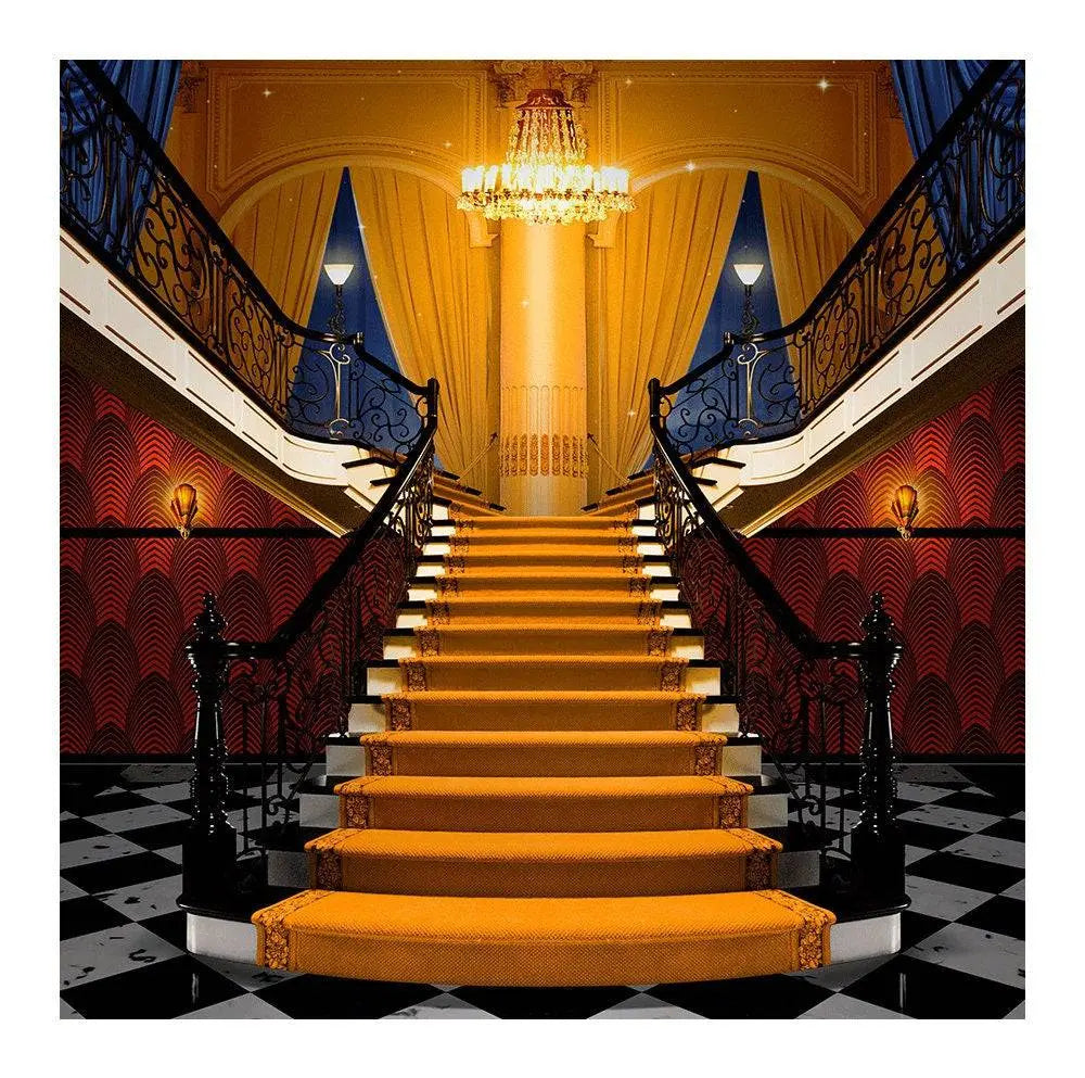 Fancy Orange Carpet Stairs With Checkered Floors Photo Backdrop - Basic 8 x 8