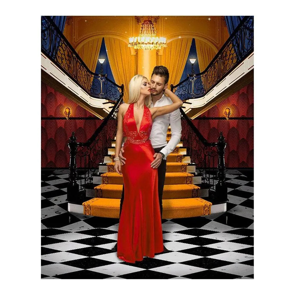 Fancy Orange Carpet Stairs With Checkered Floors Photo Backdrop - Pro 6 x 8