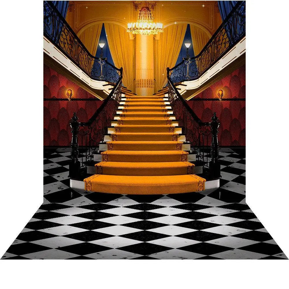 Fancy Orange Carpet Stairs With Checkered Floors Photo Backdrop - Pro 9 x 16