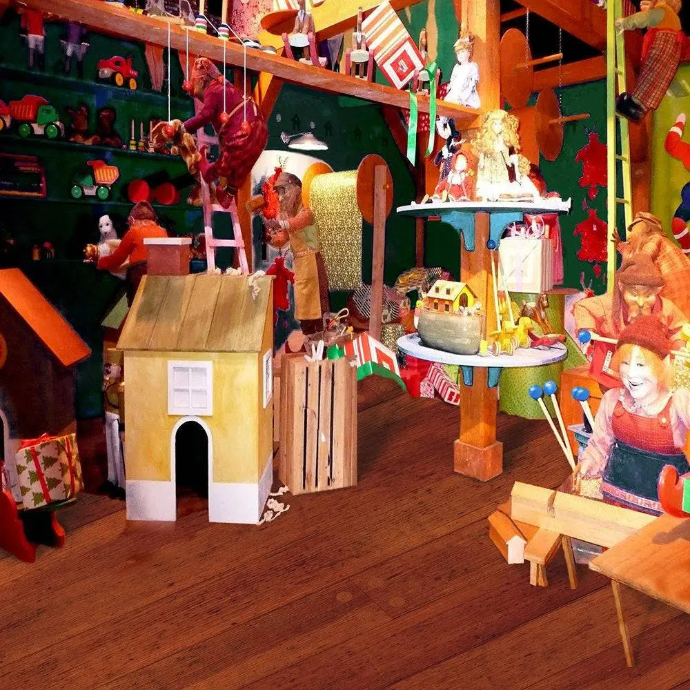 Santa's Workshop Photograpy Backdrop with Christmas Toys, An Elf and Santa Backdrop at the North Pole Backdrop - A Christmas Photo Backdrop - Pro 8 x 10