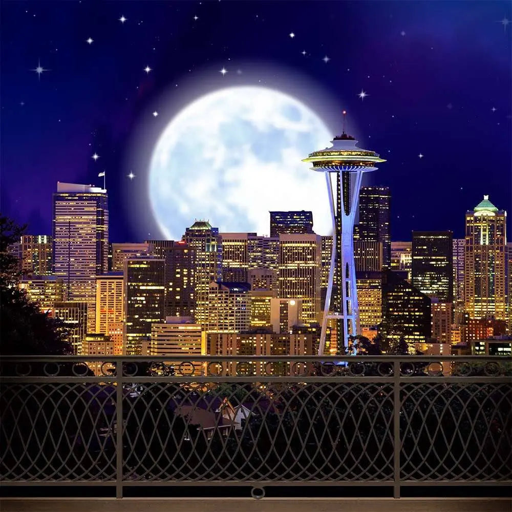 Seattle Skyline at Night Photo Backdrop - Pro 10  x 10