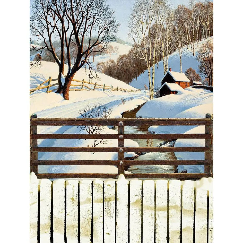 Snowy Creek Christmas Photo Backdrop Holiday Decorations, New Year's Day Red Barn, Hills and Gates Alba Backgrounds Photography Backdrop - Pro 6 x 8