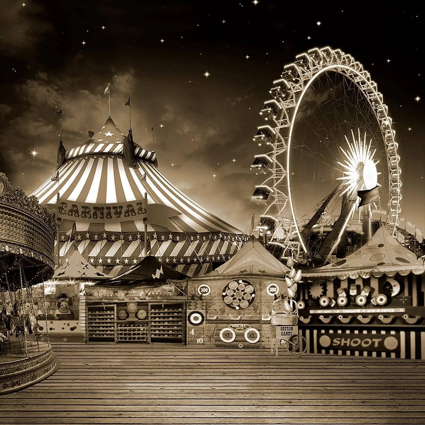 Grayscale Vintage Amusement Park Photo Backdrop - Basic 10 x 8