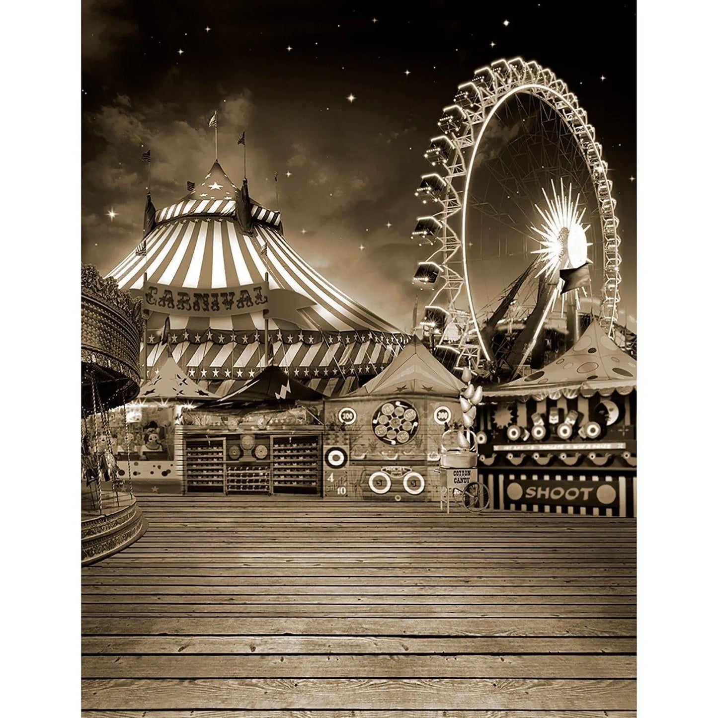 Grayscale Vintage Amusement Park Photo Backdrop - Basic 8 x 10