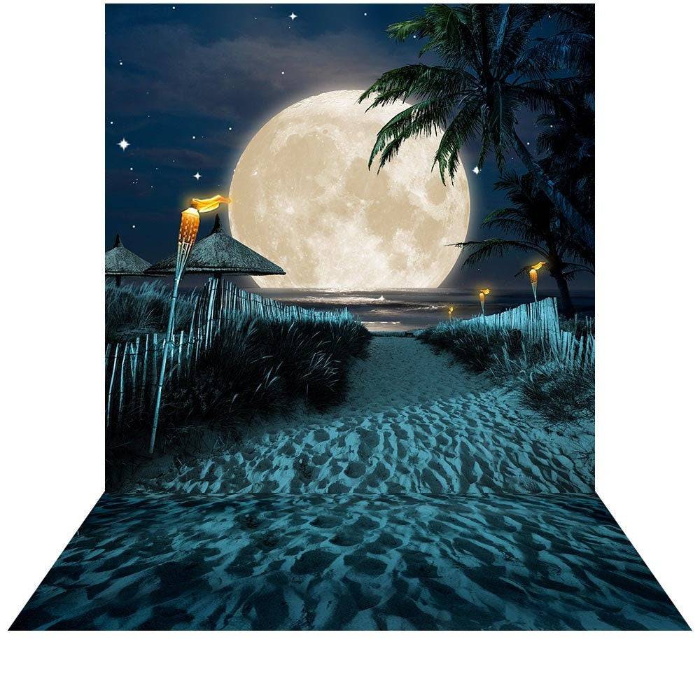 Night Time Full Moon Beach Luau Photo Backdrop - Pro 9  x 16  
