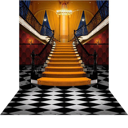 Fancy Orange Carpet Stairs With Checkered Floors Photo Backdrop